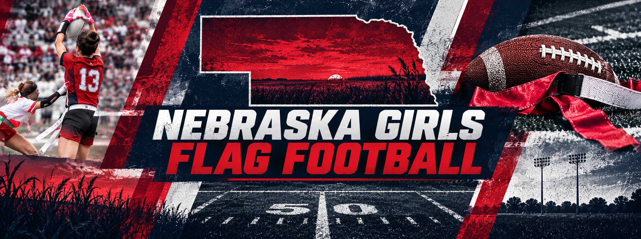 Nebraska girls flag football graphic featuring a player wearing number 13, the state of Nebraska, flag belts, a football and a field